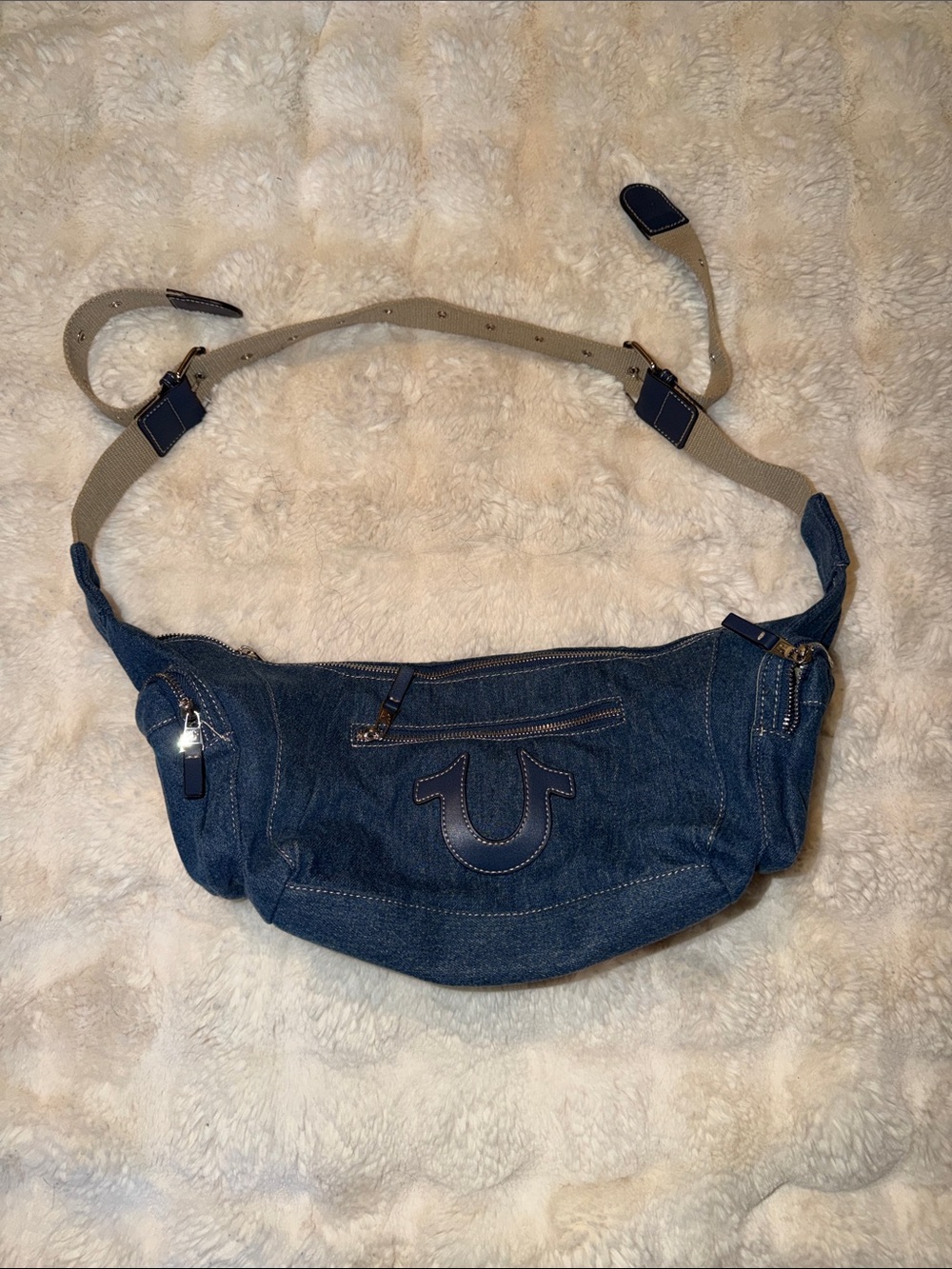 True Religion Denim Crossbody Belt Bag - Blue with Tan Strap